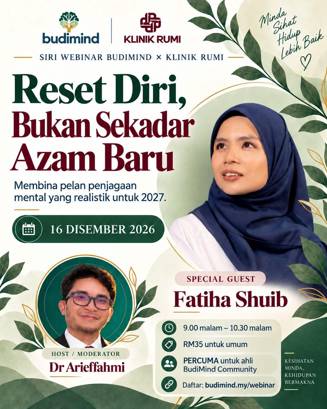 Poster webinar Reset Diri Bukan Sekadar Azam Baru bersama Fatiha Shuib